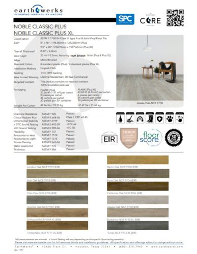 Earthwerks® Noble Classic Vinyl Plank Flooring Spec Sheet